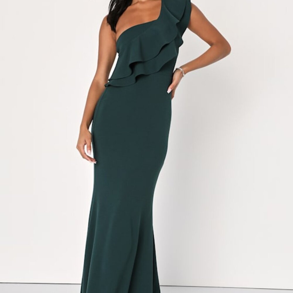 Lulus Grand Beauty Emerald Ruffled One-shoulder Mermaid Maxi Dress Green
